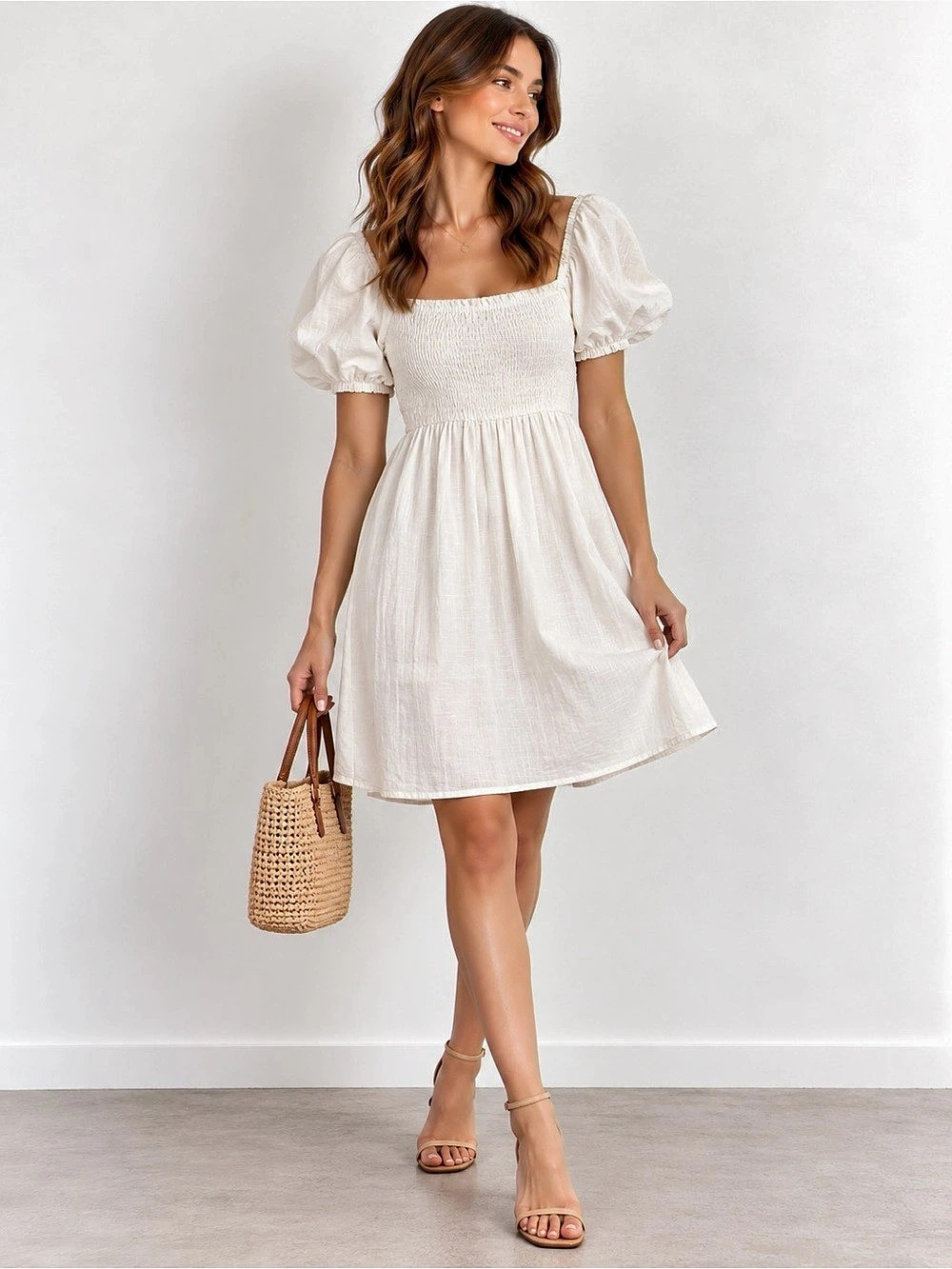 Easel Mini Puff Sleeve Dress in White Size Small Like New